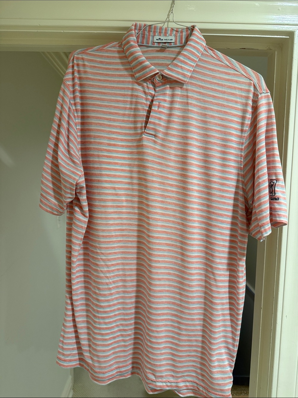Peter Millar Coral and White Striped Short-Sleeve Polo